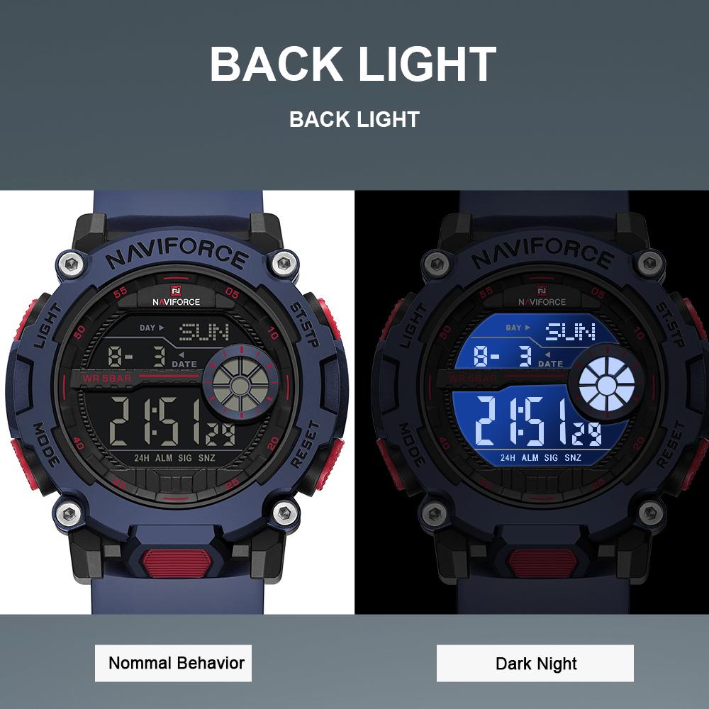 Naviforce Original Men LCD Digital Watch Lightweight Silicone Strap Waterproof Calendar Date Chronograph Alarm Men Boys Outdoor Watch NF7133