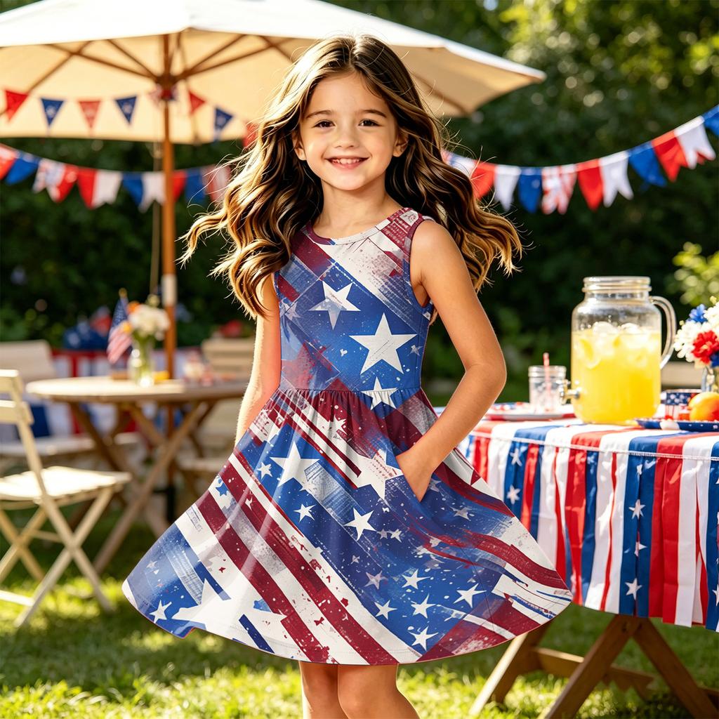 Sleeveless Girl Dress with Abstract Floral Print Soft Fabric A Line Casual Summer Outfit for Kids Daily Wear School Party