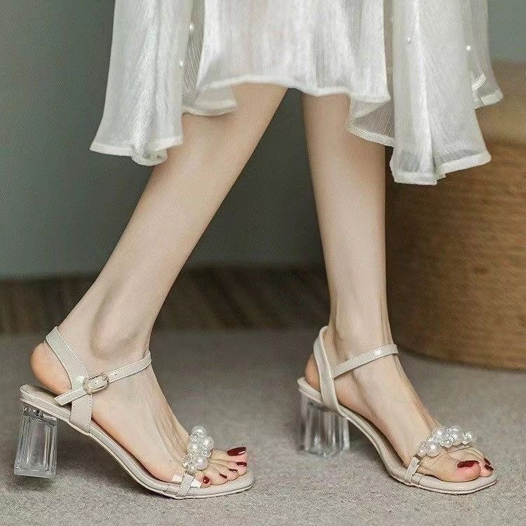 2025 new one-word sandals women's summer French temperament fashion soft-soled crystal thick heel versatile high heels