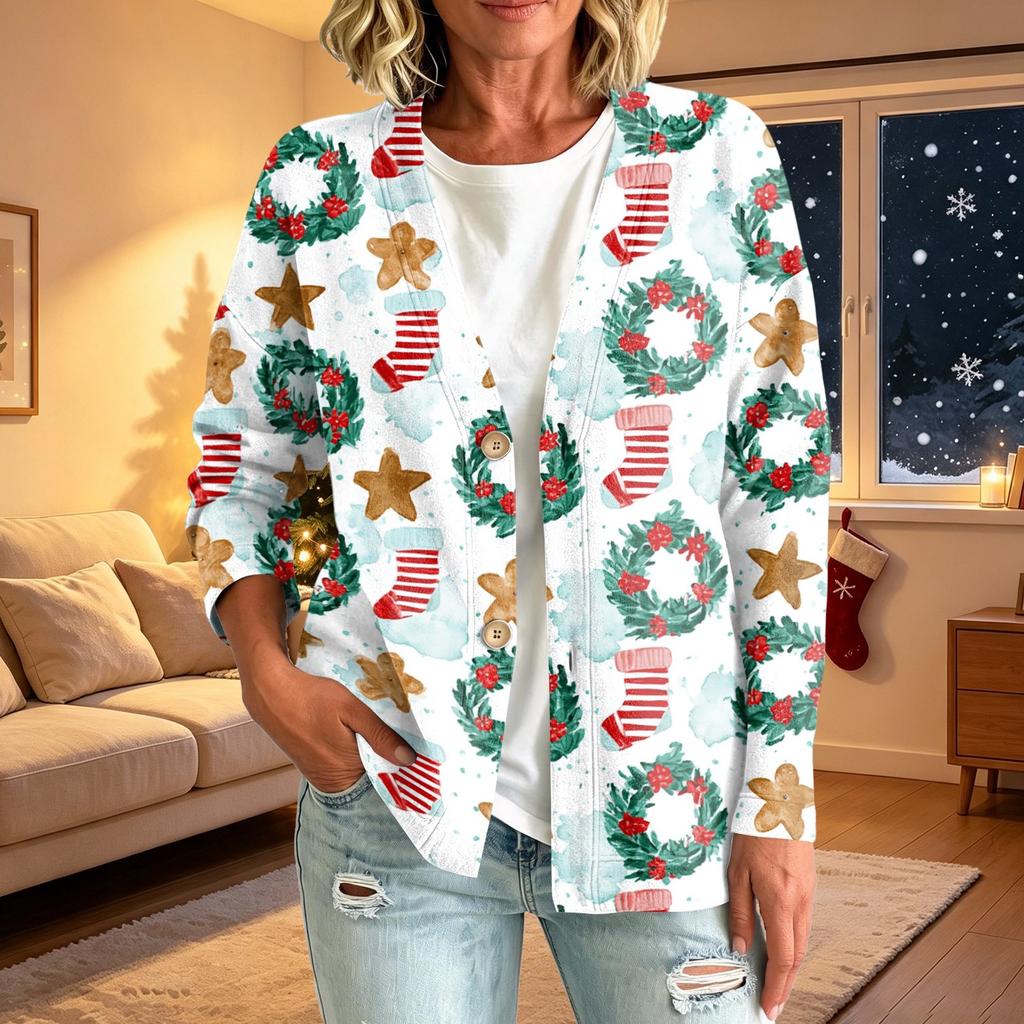 Women's Casual Christmas Print Button Jacket, Outerwear for Holiday Parties and Daily Wear