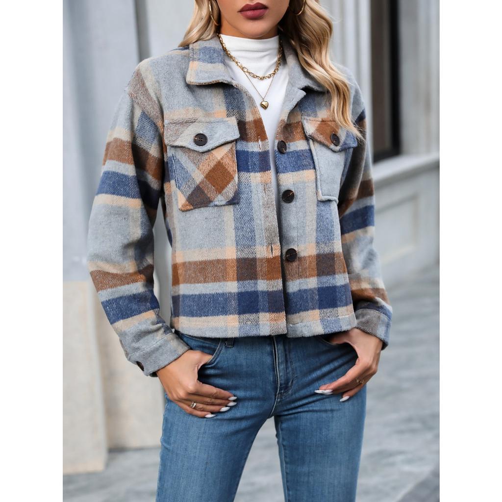 Fall Winter New Fashion Casual Plaid Short Woolen Coat for Women with Pockets, European American Crossbody Women's Outerwear