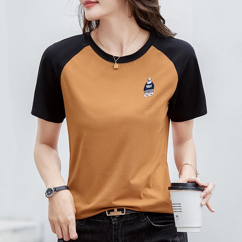 

Women s Summer 2025 Color Block Embroidered Bear T-Shirt, Short-Sleeve, Round Neck, Casual Fashion Base Layer Top XL (115-125 lbs) верблюд