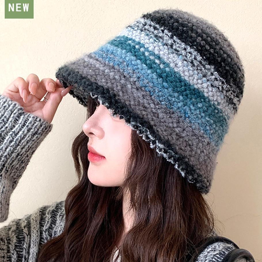 Colourful Knitted Bucket Hat Women Korea Autumn Winter Warm Dopamine Warm Fisherman's Hat Star Model Thickened