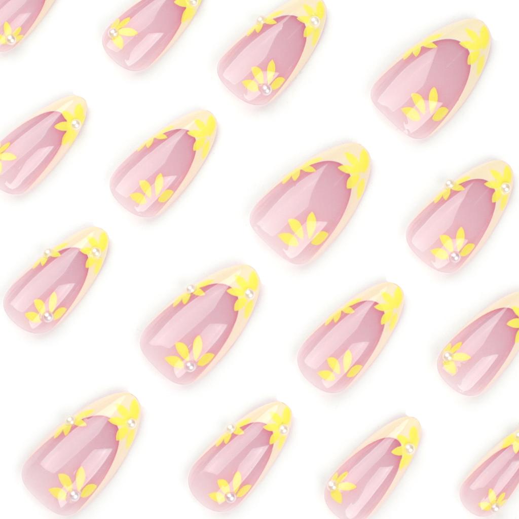 Small Fresh French Yellow Simple Nails Flower Pearl Almond Manicure Ins Wind Summer Nail Piece