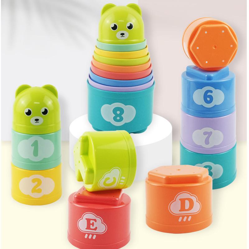 9PCS Enjoyable Rainbow Cups Stacking Cups Figure Letters Infant Children Instructive Toy Stacking Tower Mini Bear Children Toddler playthings