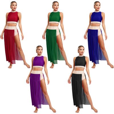Women's Lyrical Dance Outfit S-XL: Mock Neck Sleeveless Keyhole Back Crop Top with Side Split Flowy Mesh Skirt & Shiny Rhinestones