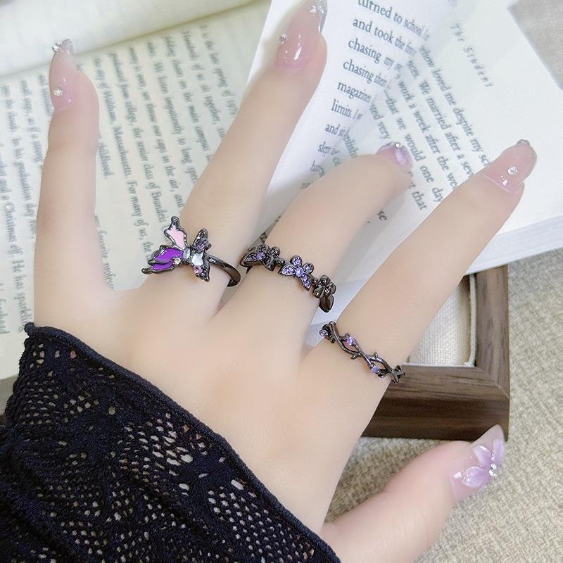 Dark Purple Zircon Liquid Irregular Enamel Butterfly Open Ring Personalized Spice Girl Stacked With Niche Ring Woman