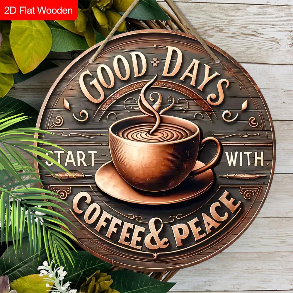 Good Days Wooden Sign with Coffee Theme - Retro Round Sign with Inspirational Quote - Ideal for Kitchen, Home, Office, Cafe Decor