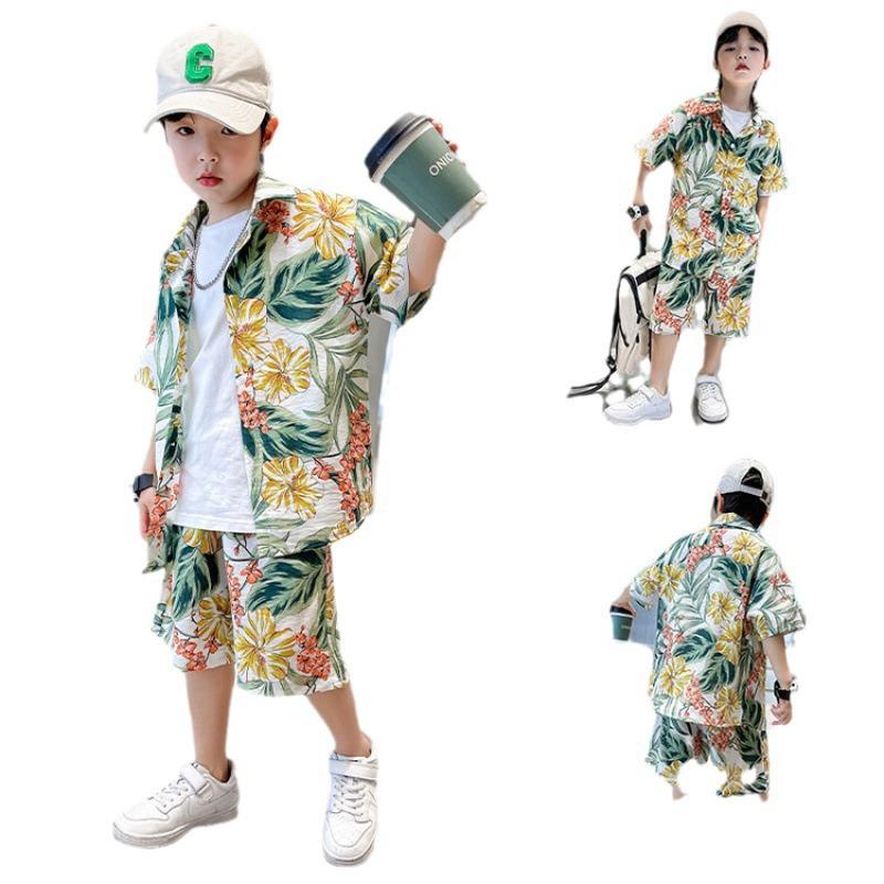 Boys' Hawaiian Floral Shirt & Shorts Set - Stylish Summer Beachwear for Kids