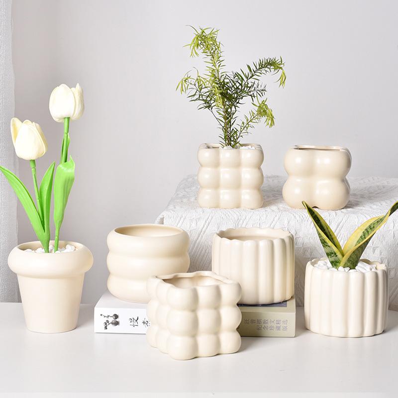 Ceramic Small Flowerpot Cream Colored Succulent Plant Pot Desktop Green Plant Potted Decoration Ins Style Home Ornament Decor