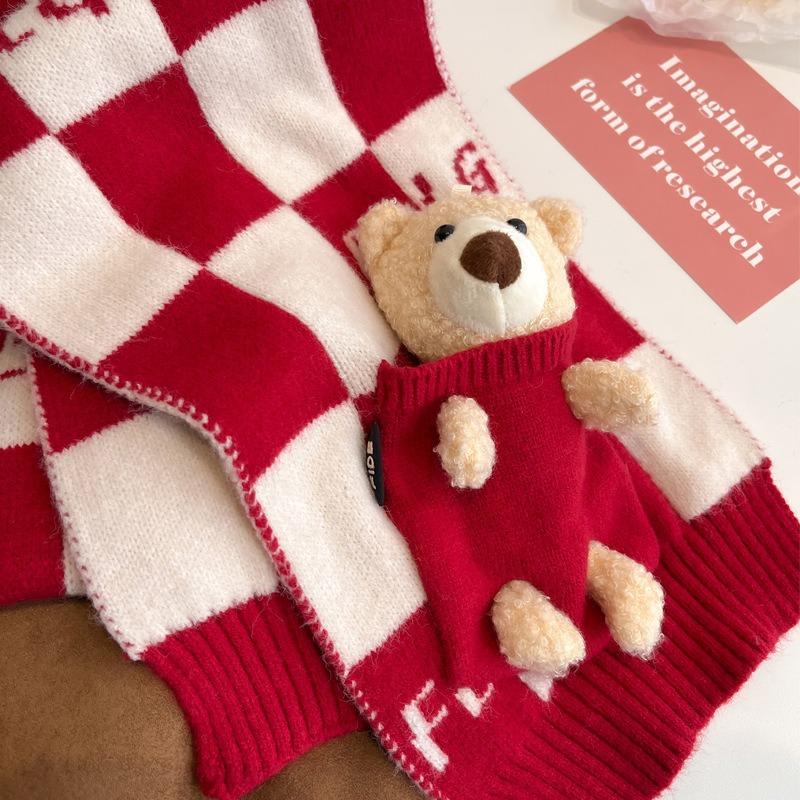 Christmas red scarf bear checkerboard wool small scarf women's winter white warm knitted scarf