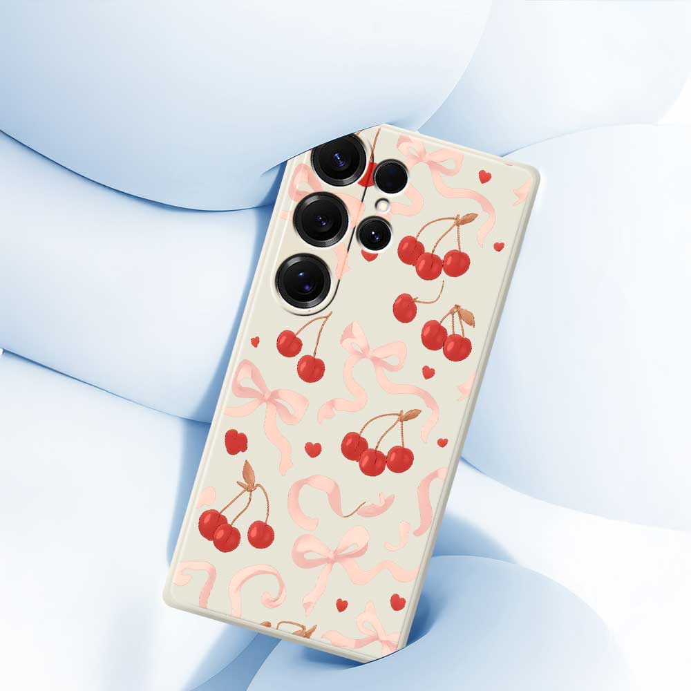 For Samsung Galaxy S25 Ultra Case Big Bow Cherry Pattern Printing Straight Edge TPU Phone Back Cover