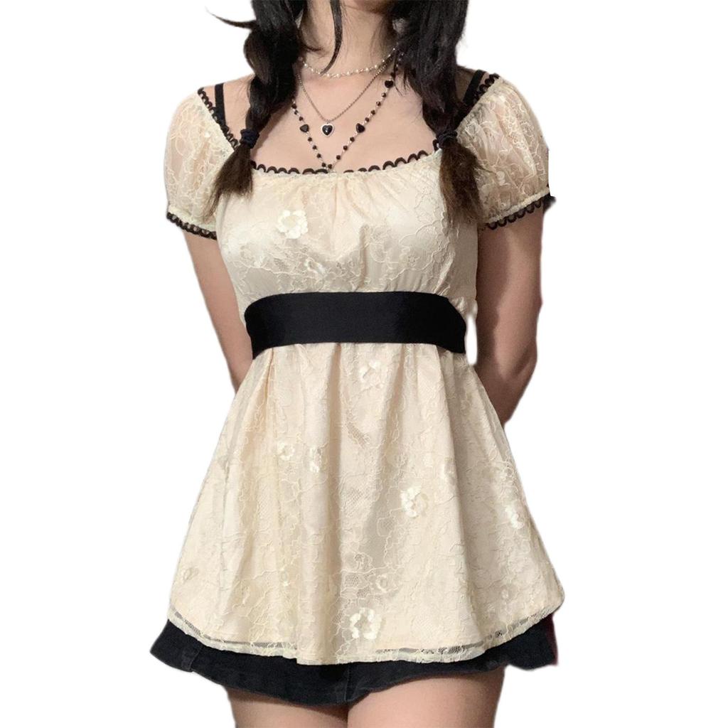 Women Long Tops, Patchwork Short Sleeve A-line Shirt Vintage Girl Lace Holiday Streetwear