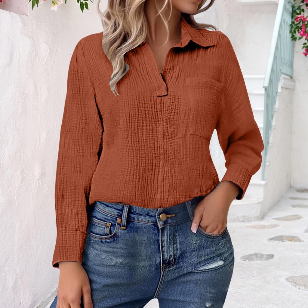Womens V Neck Shirts Long Sleeve Casual Collared Shirt Loose Blouses Solid Color Tops With Pocket
