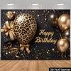 2D Plane Black Gold Leopard Pattern Balloon Birthday Background Cloth - Golden "Happy Birthday" Text