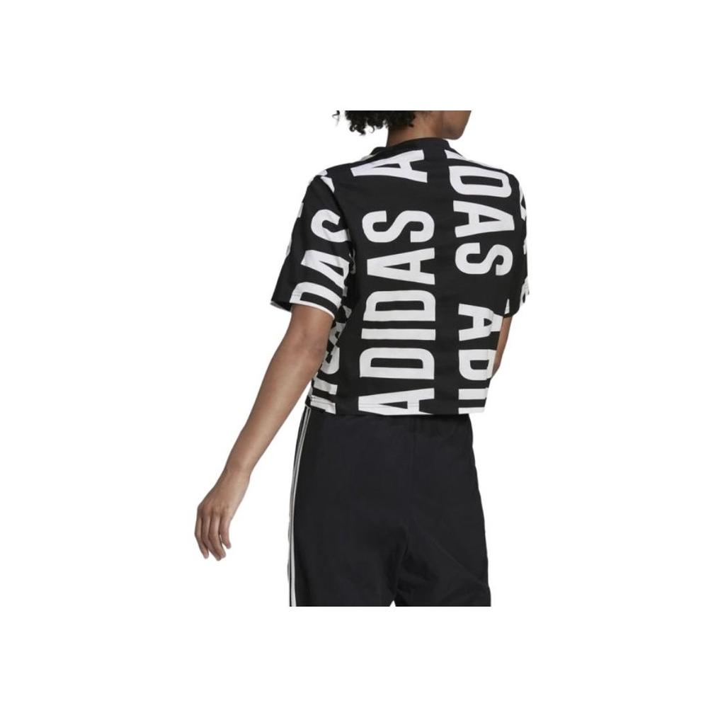 Adidas Allover Print Logo Crew Neck T-Shirt Women Tops Black HC9161