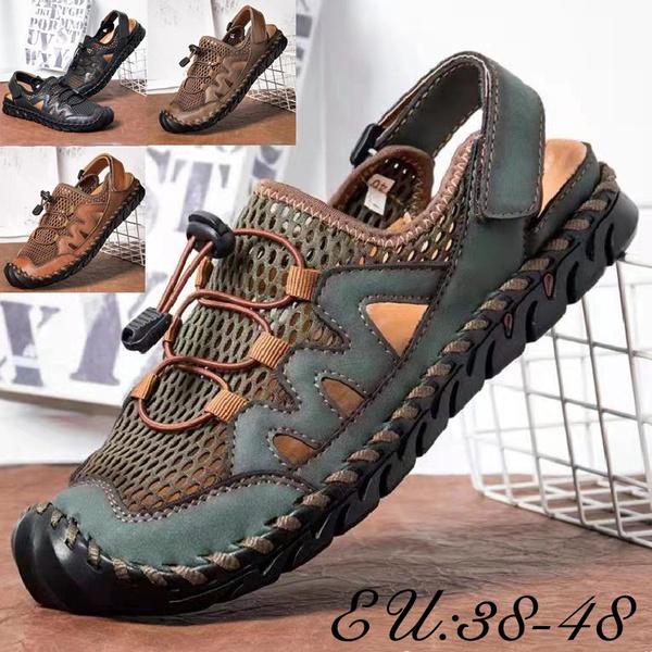 Sandalias de malla transpirable para hombre, sandalias de playa informales de verano, Sandalias planas de piel de vaca auténtica, sandalias para vadear de talla grande 38-48