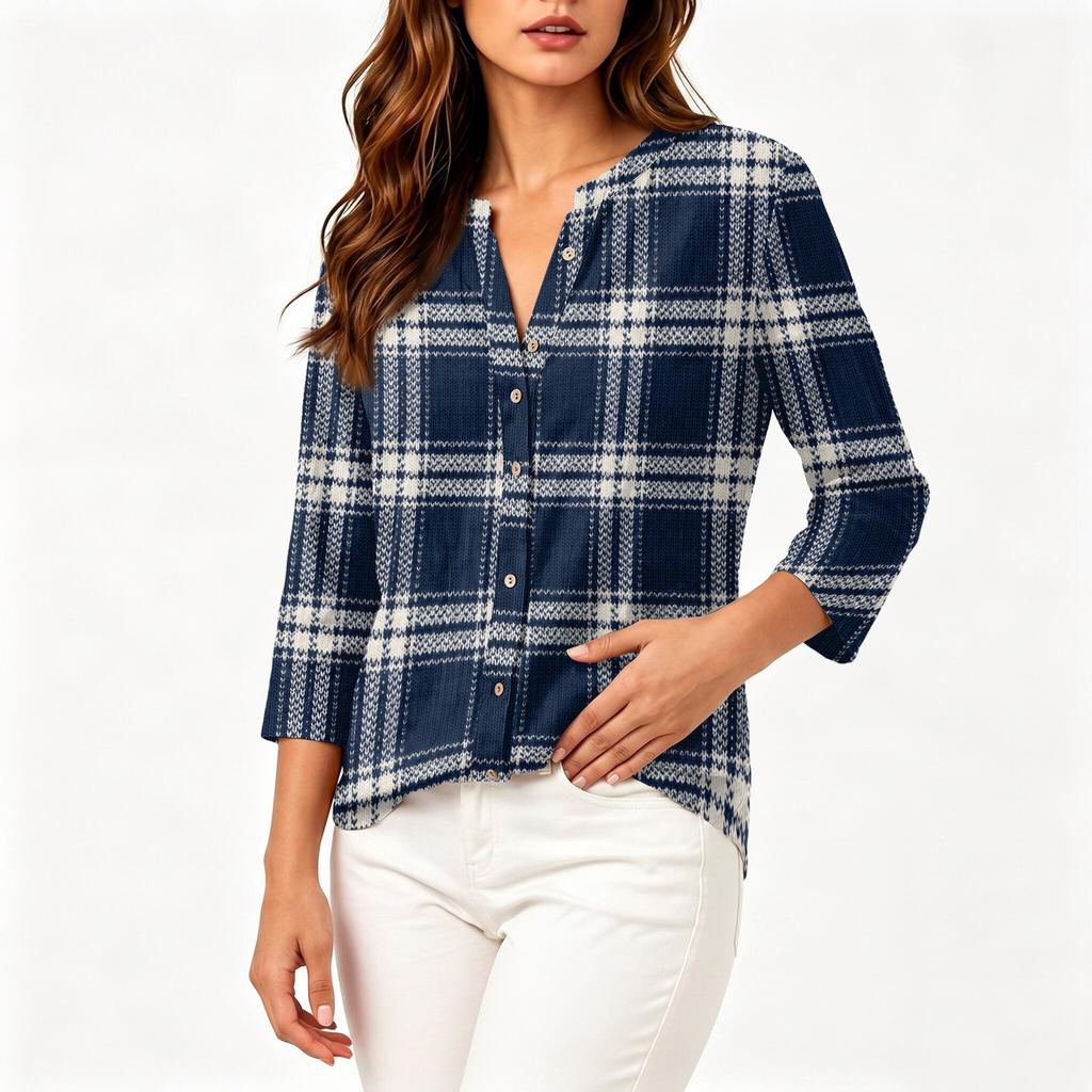 Women's Cotton Linen Shirt with Printed Pattern, Three-Quarter Sleeve Casual Blouse for Everyday Wear