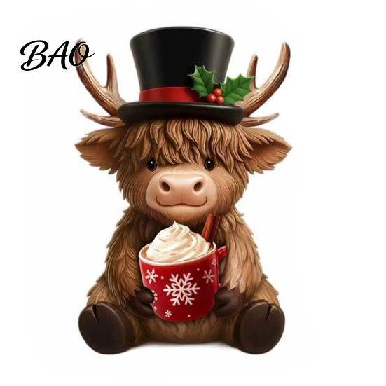 Decorative Highland Cattle Statue 2Pcs Christmas Cow Figurines, Resin Santa Reindeer Cow, with Hat, Seasonal Mantelpiece Ornaments Hot Cocoa,