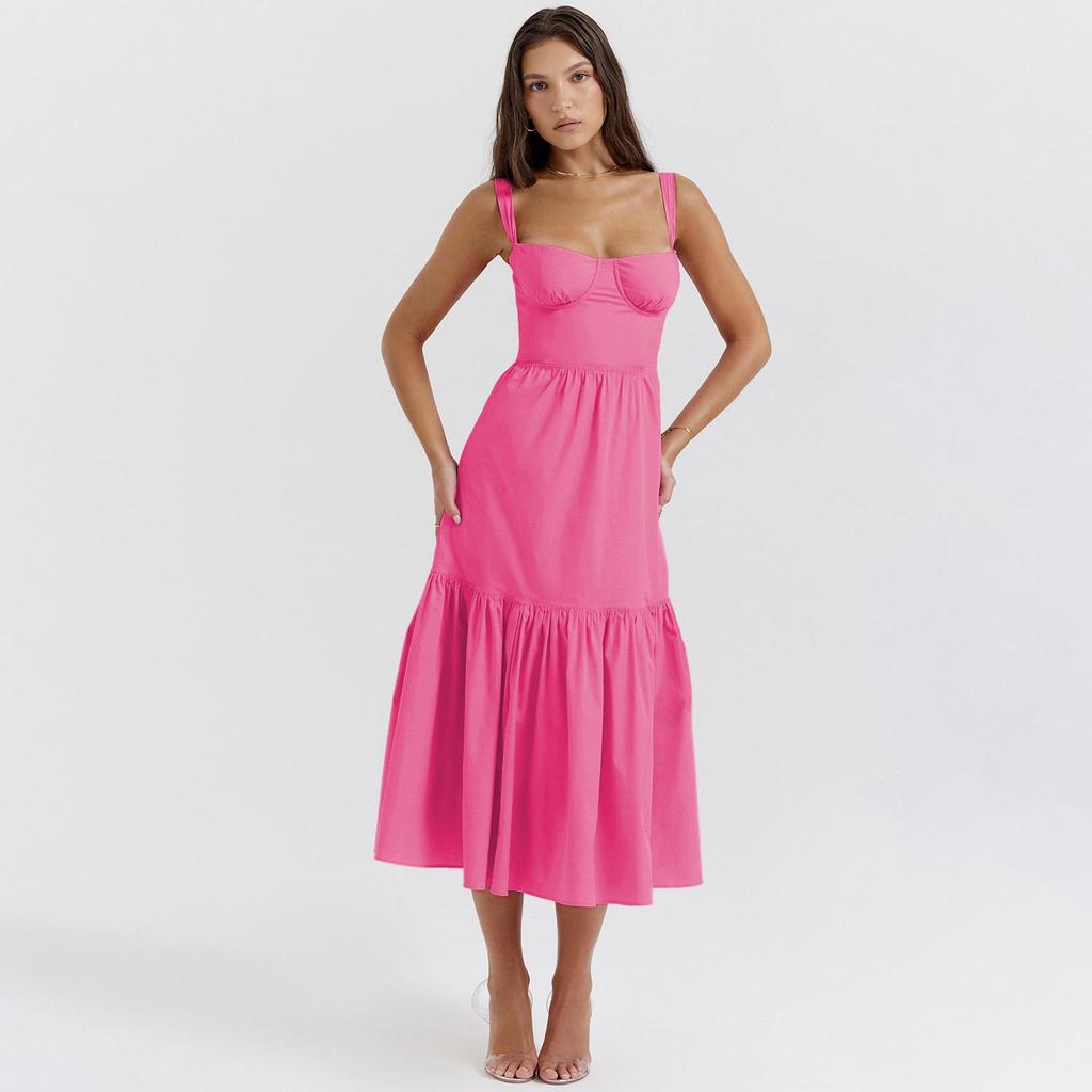 Ärmelloses Sommerkleid für Damen mit Neckholder-Print, quadratischem Ausschnitt, plissiertem Knöchellang