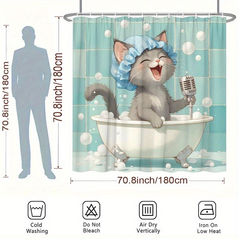 Adorable Kitten with Umbrella Shower Curtain - Water-Resistant Fabric for Bathroom - Perfect for Animal and Whimsy Lovers