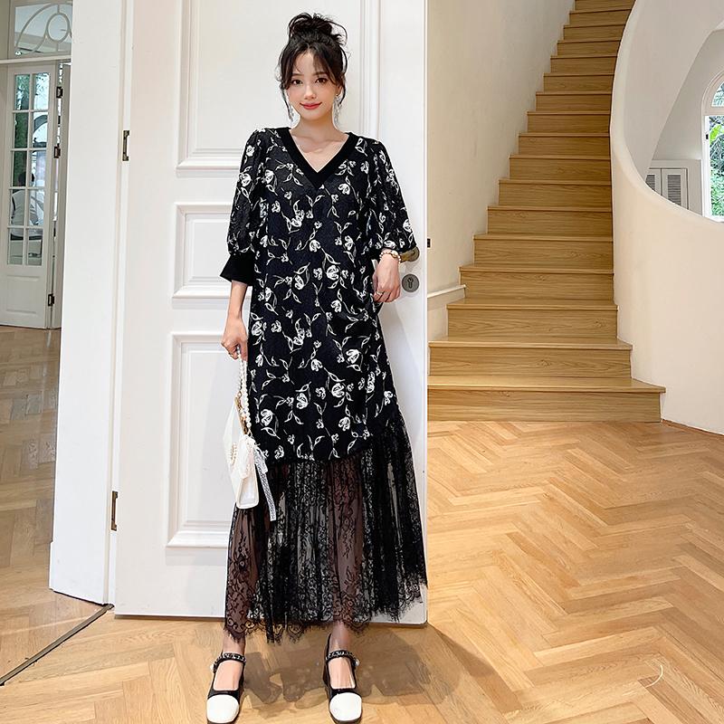 

Новые летние расширенные кружевные платья с v-образным вырезом и короткими рукавами, черное лоскутное женское платье