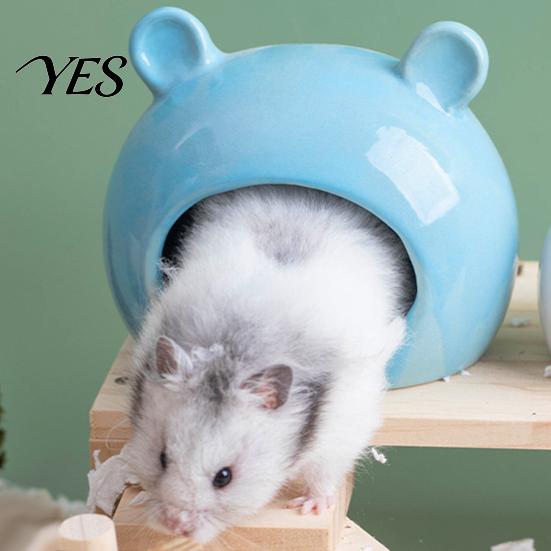 Small Animal Hideaway Cave Ceramic Hamster House, Summer Bear Shaped Hideout Cave, Spacious Habitat Bed Decor for Gerbil, Mice, Guinea Pig,