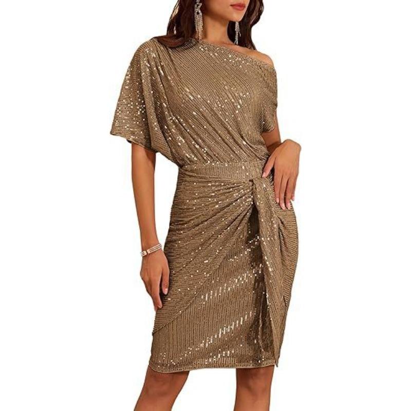 Ladies Trimmed Shiny Party Club Shoulder Folds Toast Dress Fashion Dress