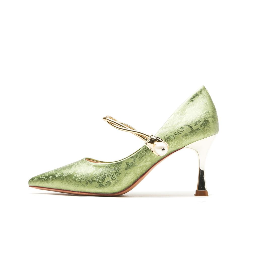-High heels women's thin heels pointed toe shallow mouth women's shoes single shoes pearl buckle Chinese style banquet shoes