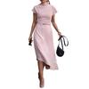 Lady Dress Solid Color Short Sleeve Half High Collar Tight Waist Oblique Hem Office Dress Female Clothes