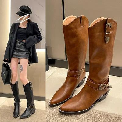 Botas de cuero vintage para mujer, botas vaqueras occidentales con plataforma puntiaguda y hebilla de cinturón, botas casuales de tubo alto con boca de pico profunda para otoño e invierno