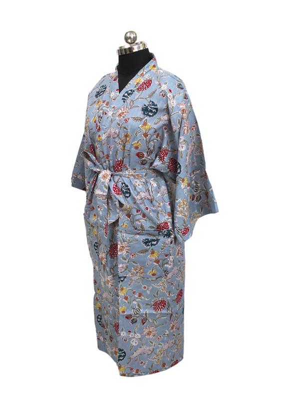 Cotton Long Kimono Robe Sleepwear Indian Hand Printed Night Wear Maxi Bathrobe