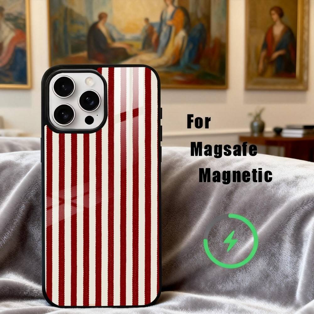 B-Burgundy W-White Stripe Phone Case For iPhone17,16,15,14,13,12,11 Plus,Pro Max Magnetic For Magsafe Wireless Charging