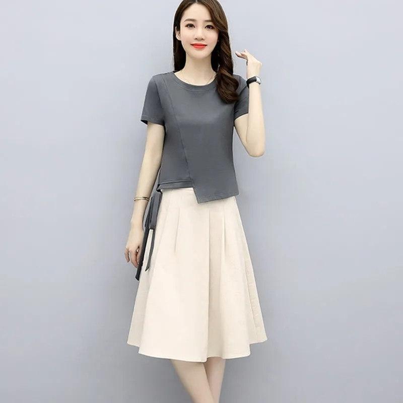 Women's Suit Summer Fashion T-shirt Skirt Two-piece Korean Elegant Loose Short-sleeved Midi Skirt Set Female Clothing
