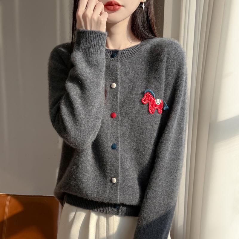 2026 Autumn/Winter Wool Sweater: Round-Neck Knit Cardigan with Colorful Buttons, Small Horse Design, Red Zodiac New Year Outerwear