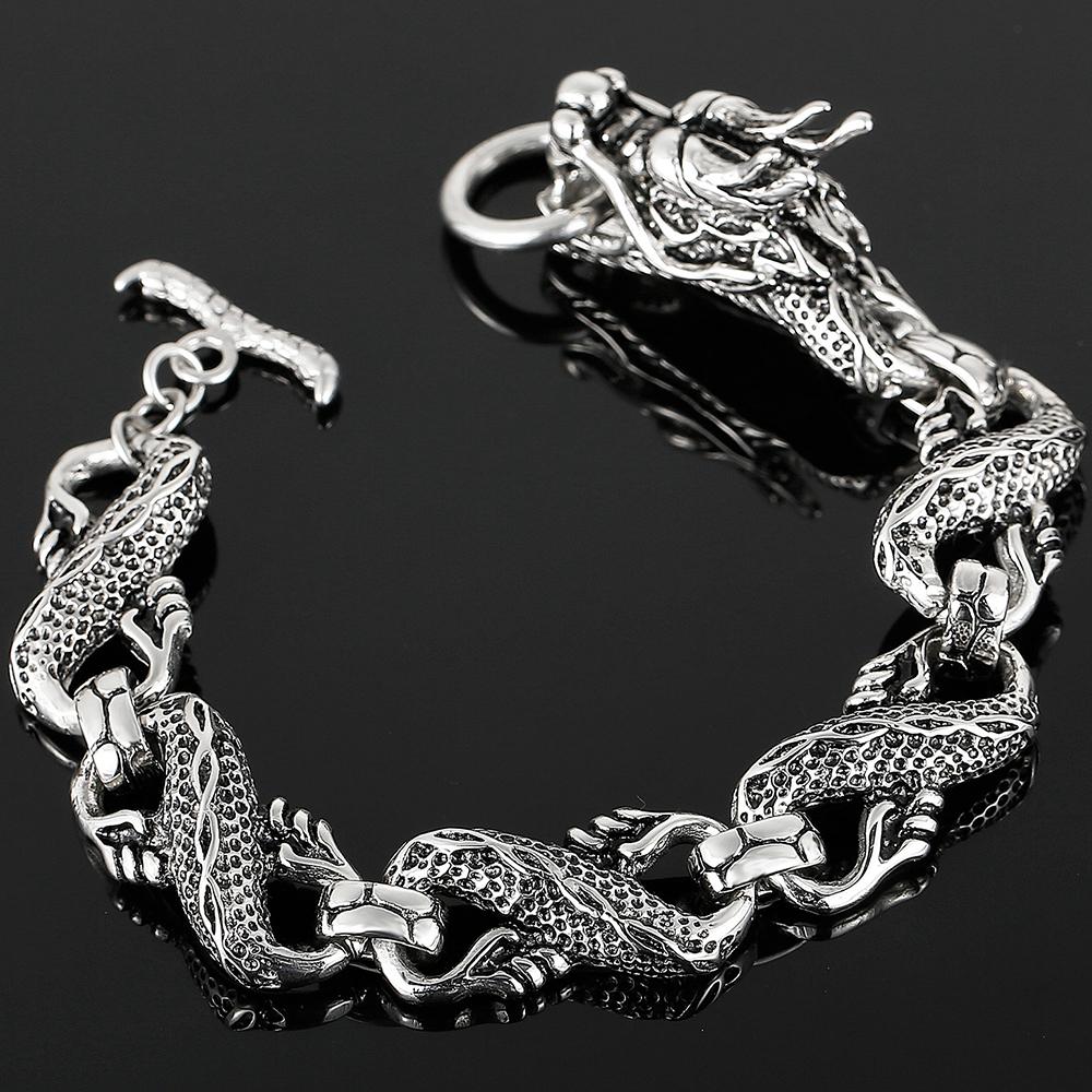 Massive Chinese Dragon Cuff Men's Bracelets Vintage Stainless Steel Loong Head Body Chain Bracelet for Man Gothic Jewelry Gifts