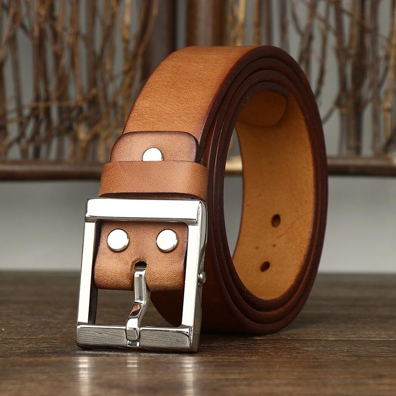 Thickened Vegetable Tanned First Layer Pure Cowhide Stainless Steel Retro Belt Men'S Genuine Leather Trend Versatile Tough Guy Jeans Belt
