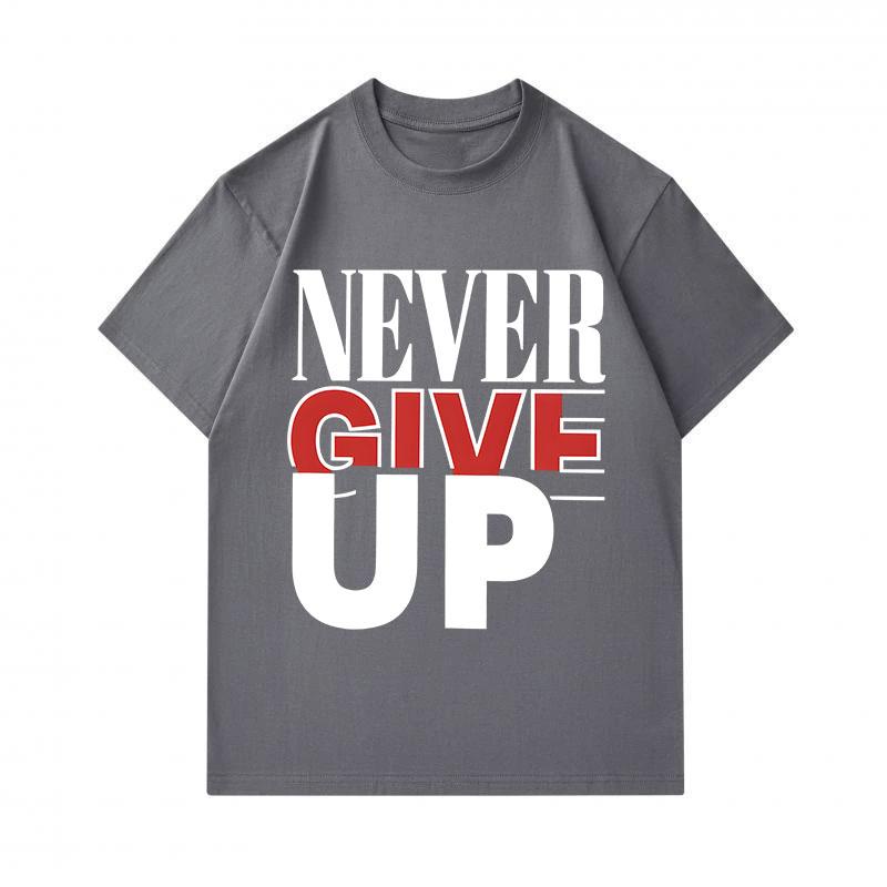 Men's 100% Cotton Crew Neck Short Sleeve T-Shirt, Never Give Up Inspirational Letter Print Casual Soft Breathable Regular Fit Summer Tee for Daily Wea