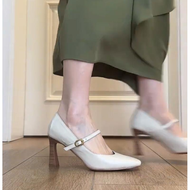 

Blue cabinet French high heels women s retro style minimalist black one-word buckle Mary Jane shoes with skirt thick heel single shoes 40