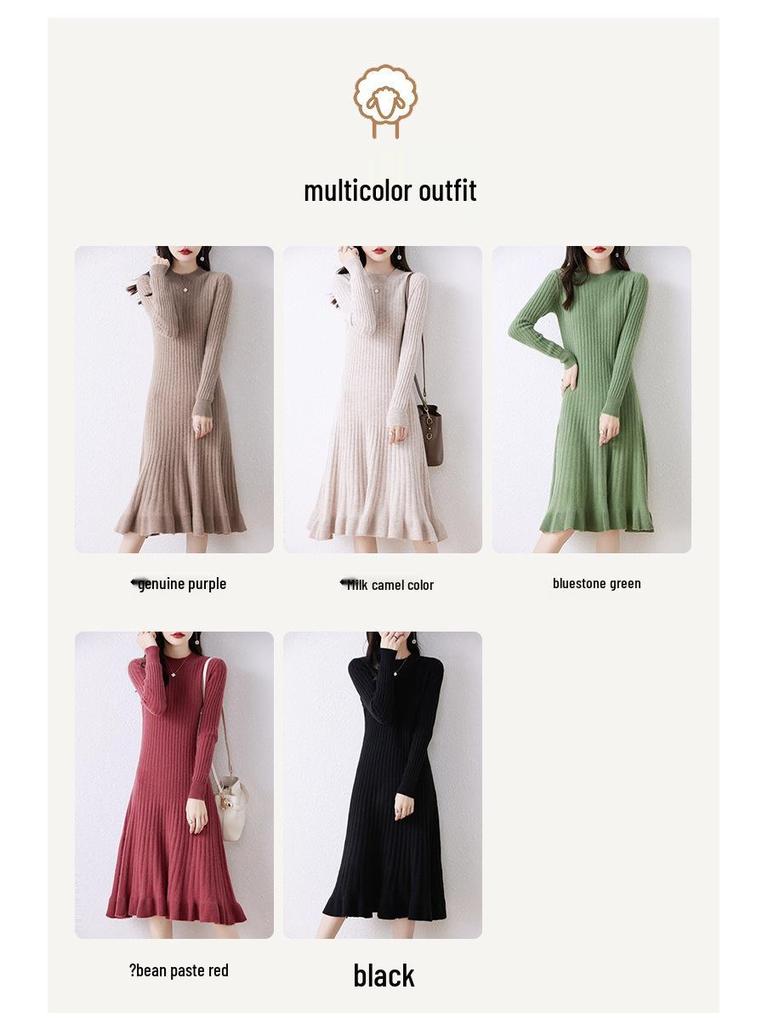 Women's Extra Long Wool Dress - Slim Fit, Round Neck, Autumn/Winter