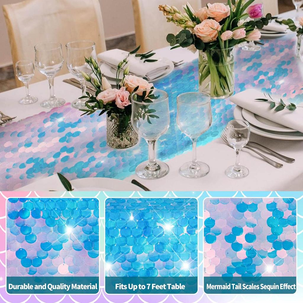 Mermaid Tail Scales Table Runner 12 x 84 Inches - Glitter Holographic Sequin Cover for Ocean Under The Sea Party Decorations and Supplies (1)