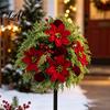 Outdoor Patio Christmas Accents Artificial Poinsettia Flower Yard Stake Red Floral Ground Spike Decor Potted Pine for Weather‑Resistant Fake Plant