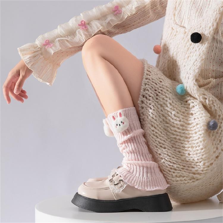 Women Girls Japanese Styles Knitted Leg Warmers Sweet Ruffled Trim Socks Cartoon 3D Plush Dolls Foot Cover Boot Cuffs