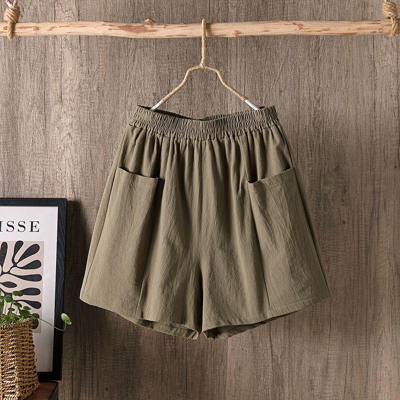 Women's Shorts Plus Size Cotton Linen Pants Thin Wide Leg Elastic Waist High Waist Loose Casual Five-part Pants