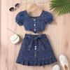 Girls' Fashion Set, Summer Children's Casual Square Neck Lantern Sleeve Top, Patterned Pleated Skirt Set