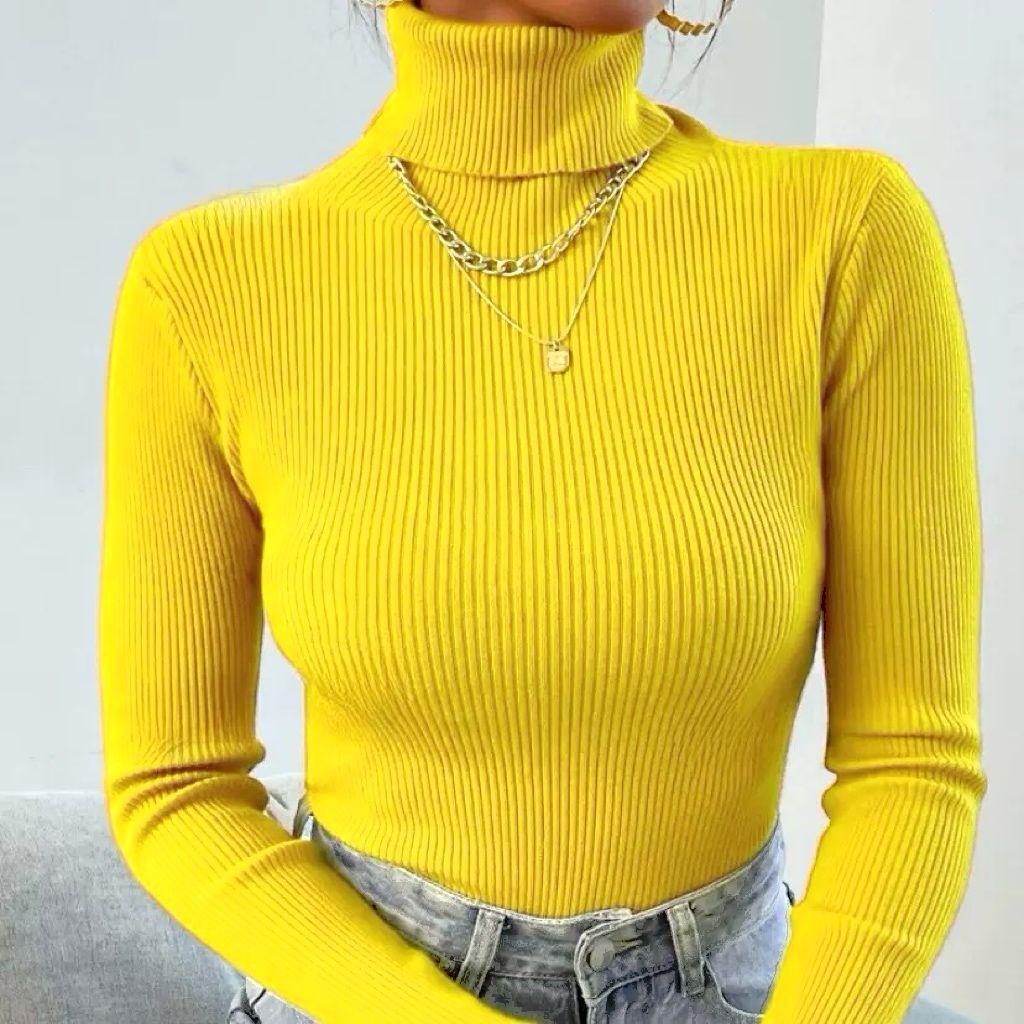 2025 Women's High Neck Solid Color Knit Pullover Sweater