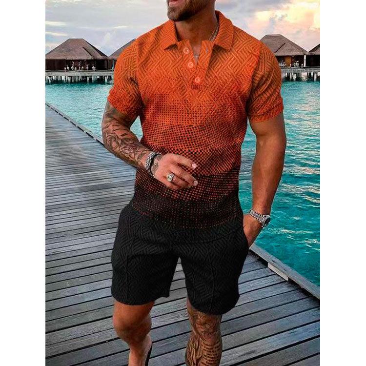 New Men'S Summer Fashion Casual Polo Shirt Collar Casual Set Collar Shorts Set Sports Men'S Solid Color T-Shirt Shorts Running Training Set