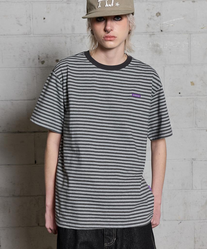 HOODHOOD Logo Stripe Short Sleeve T-Shirt Gray