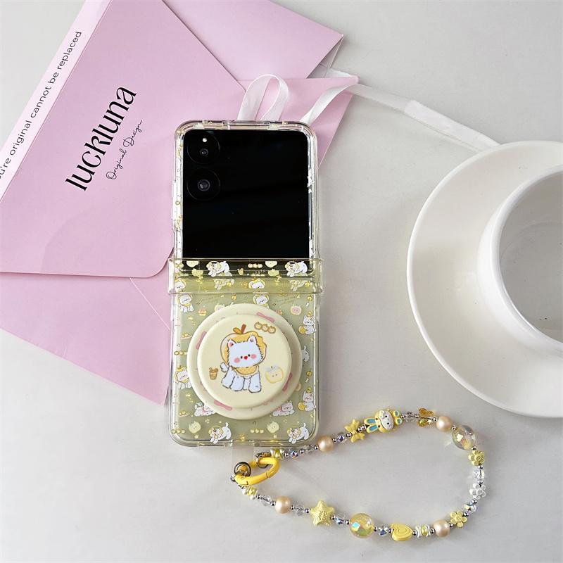 

Cute Kawaii Hello Kitty Phone Case with Rhinestone Mirror Beaded Lanyard For Samsung Galaxy Z Flip 7 6 5 Plaid Star Foldable Pro For ZFlip7
