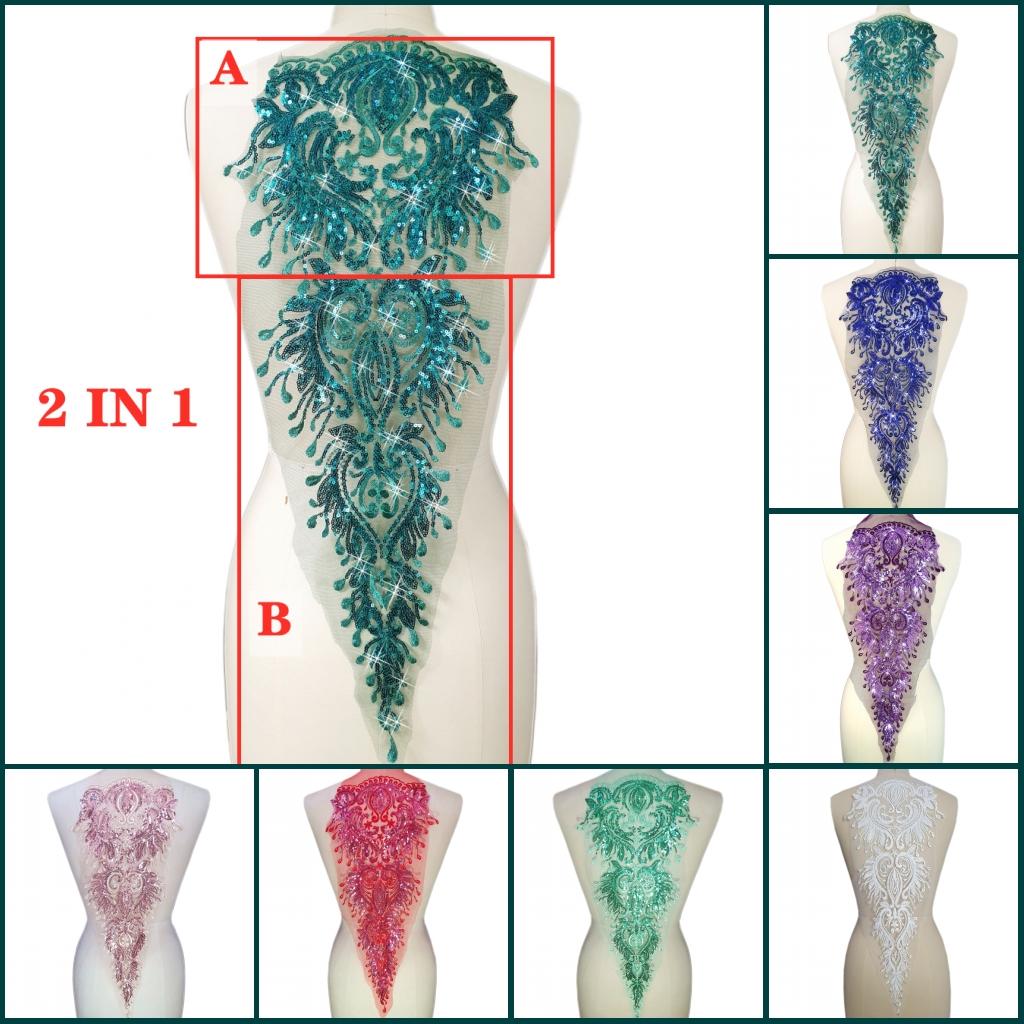 2 IN 1,Sequins Embroidery African Nigerian Fabric Diy Design Couture Clothes Costumes Patches Appliques For Sew On Wedding Dress